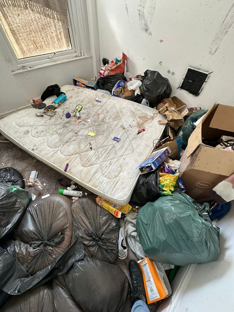Avant : pièce très encombrée avec déchets au sol